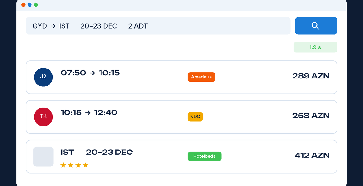Booking engine-də bir axtarış: Amadeus, NDC və Hotelbeds nəticələri bir siyahıda, 1,9 saniyəyə