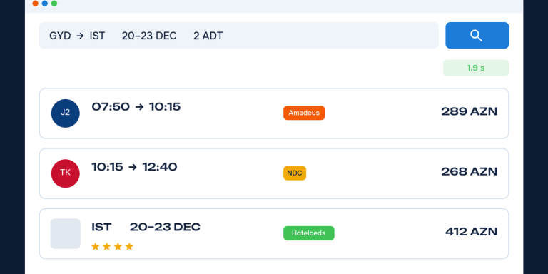 Booking engine-də bir axtarış: Amadeus, NDC və Hotelbeds nəticələri bir siyahıda, 1,9 saniyəyə